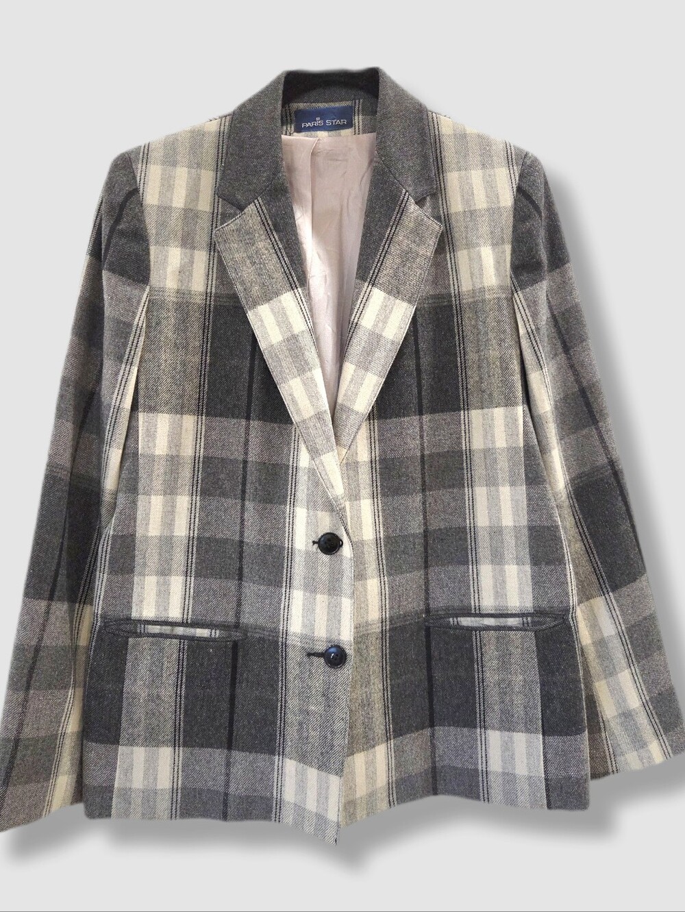 Vintage Plaid Wool Blazer Paris Star | Grey Tartan | Canada | size 12 (fits S)